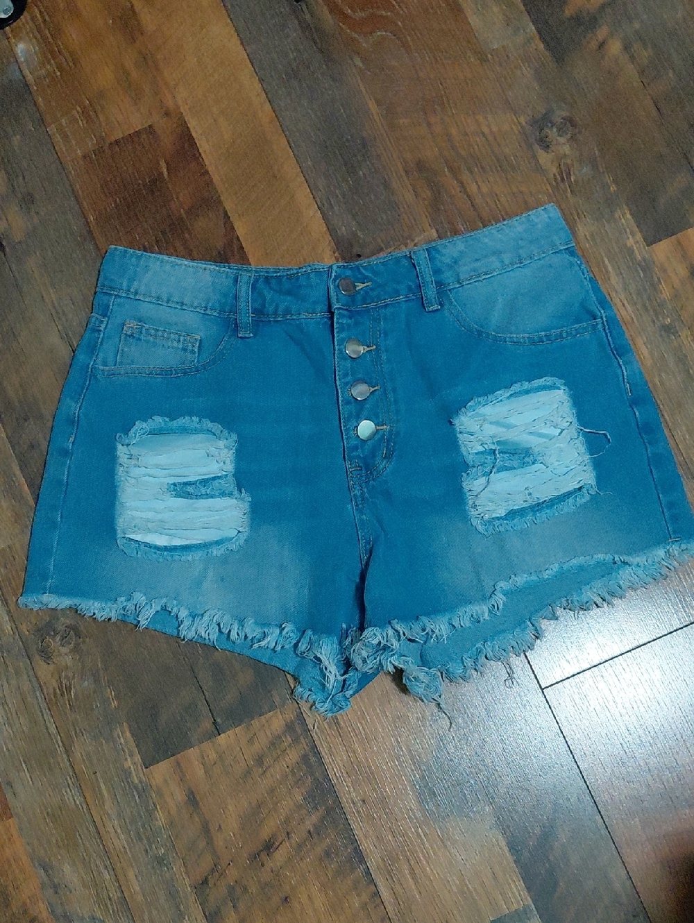 High-Rise Distressed Denim Shorts in Blue